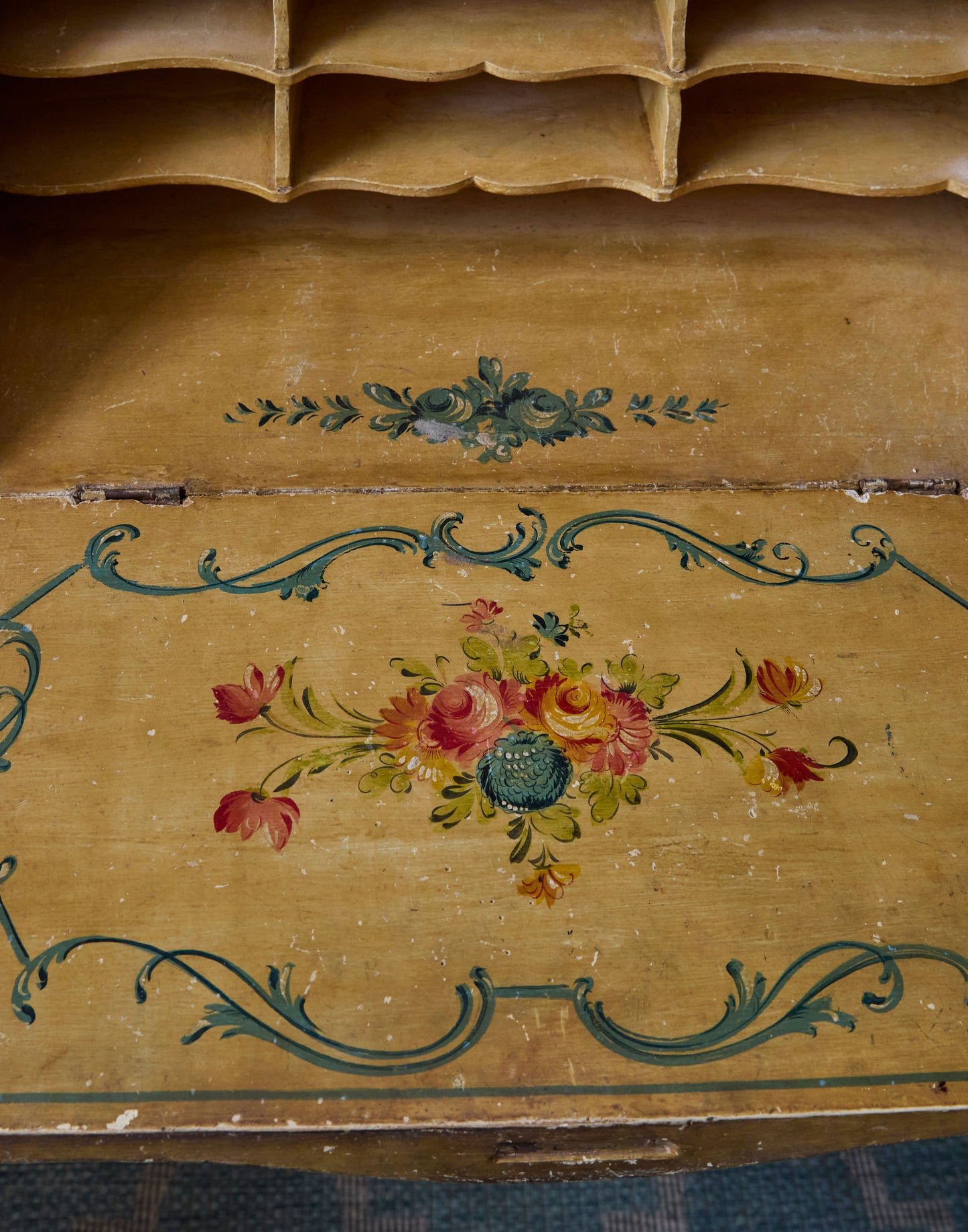 A Handpainted Mid 20th Century Venetian Ladies Bureau and Matching Open Armchair