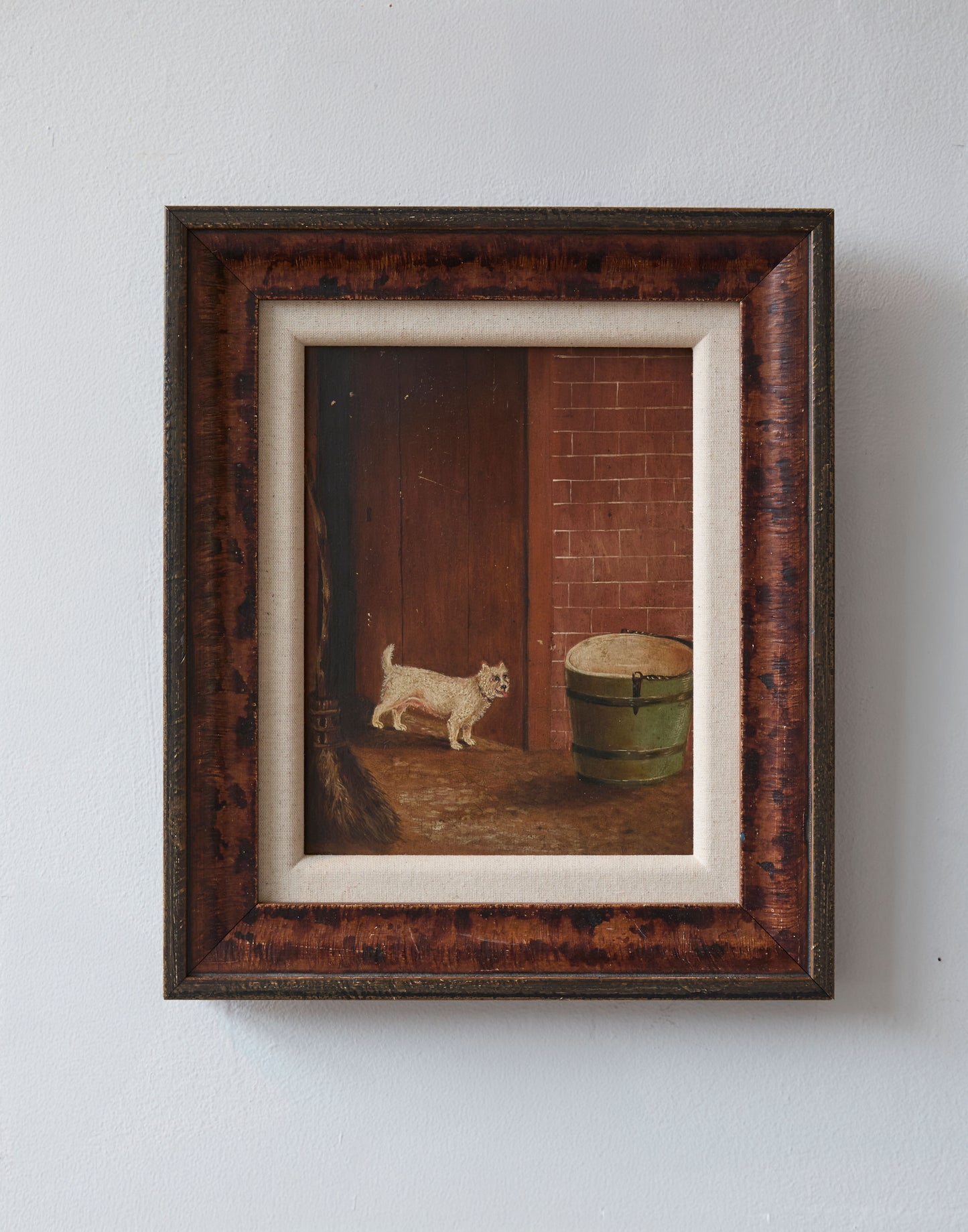 An Antique Oil on Board Naive Study of a Dog in a Stable