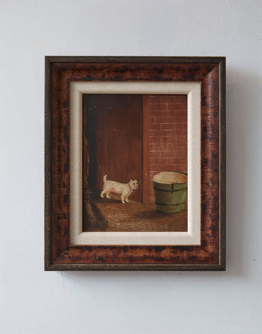 An Antique Oil on Board Naive Study of a Dog in a Stable