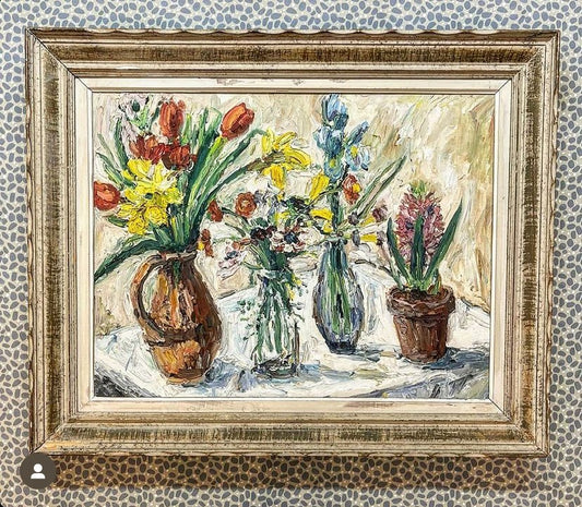 A 20th Century Oil Painting of Three Vases with Spring Blossoms and a pot of Hyacinths by Karl-Heinz Kreß (1928-1979