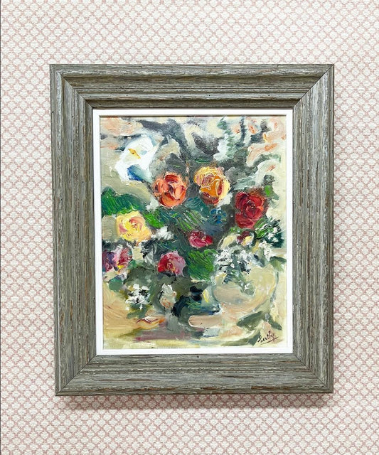 20th Century Floral Still Life of Roses and a Peace Lily in a Green Vase