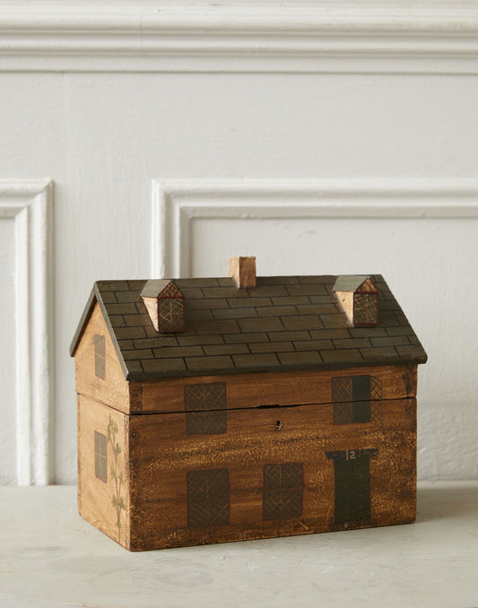 A Rare 'Folk Art' Early 19th Century Wooden Hand-Painted Tea Caddy in the Form of a Georgian House, Numbered 12