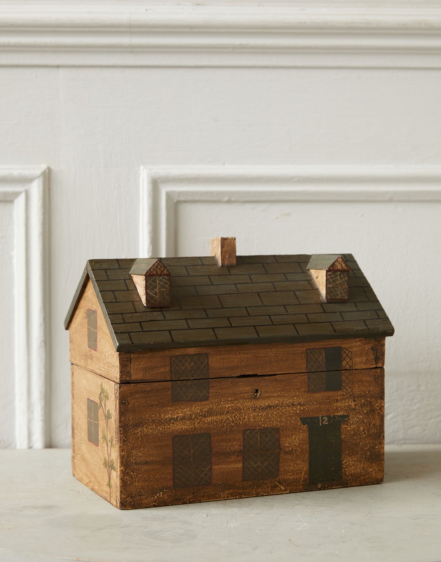 A Rare 'Folk Art' Early 19th Century Wooden Hand-Painted Tea Caddy in the Form of a Georgian House, Numbered 12