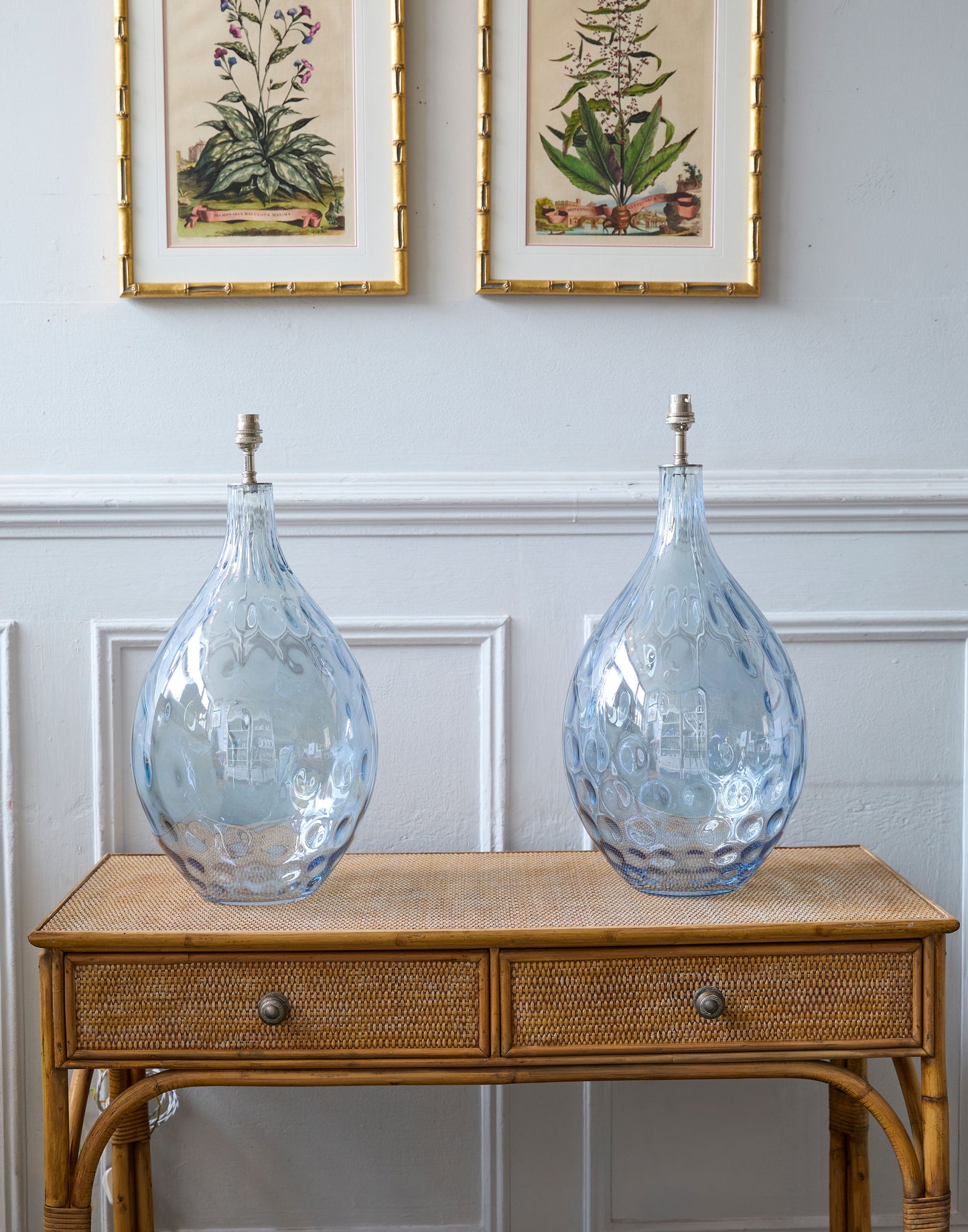 A Pair of Blown Glass Teardrop Table Lamps with Polka Dot Lampshades
