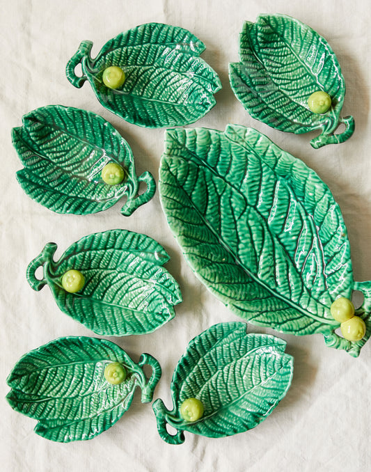 A Set of Seven mid 20th Century Spanish Majolica Footed Leaf Dishes with Lemons made by Hispania