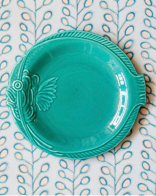 A Set of Teal Fish-shape Mid-20th Century Ceramic Dishware from the South of France