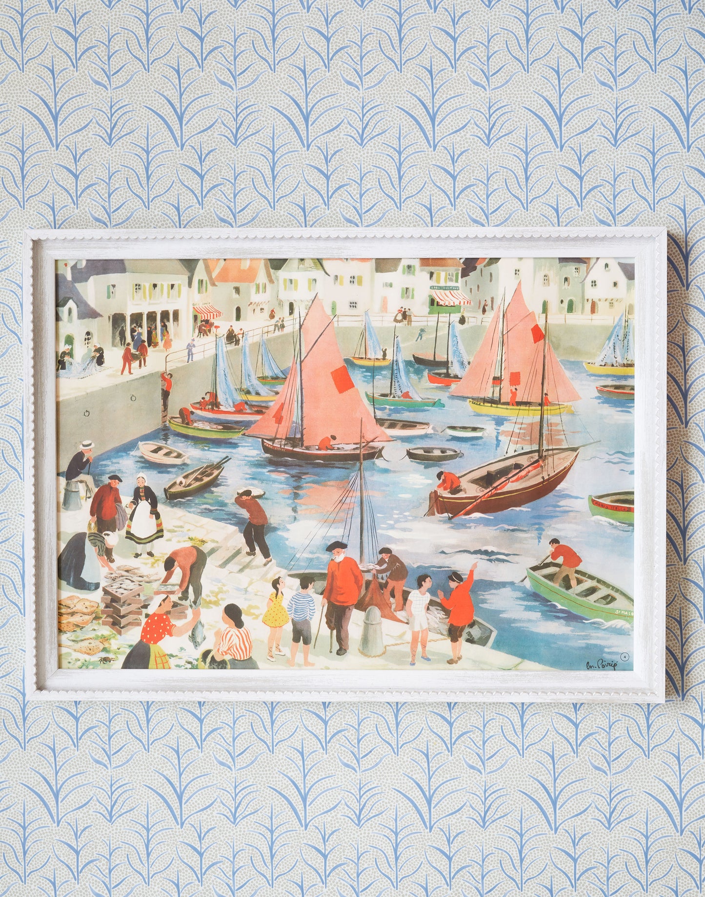 An Original 1950s French Classroom Lithograph of a Harbour Scene by Helene Poirie