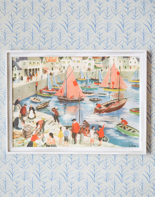 An Original 1950s French Classroom Lithograph of a Harbour Scene by Helene Poirie