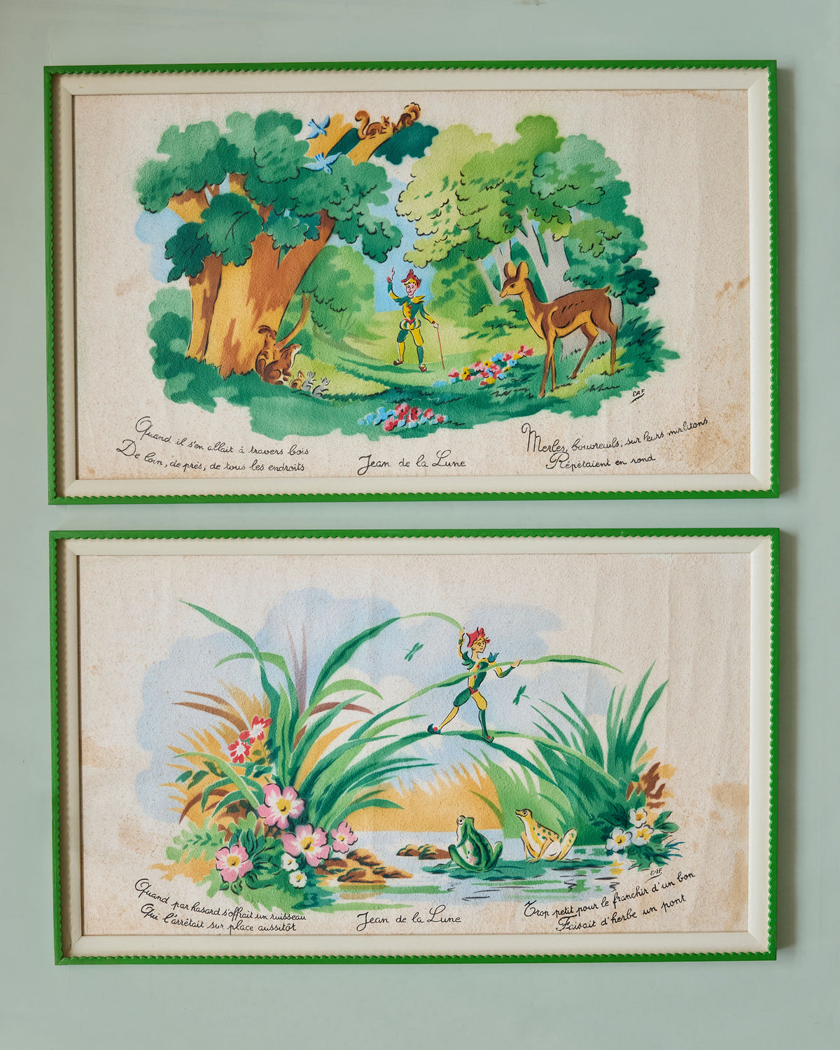 A Pair of Vintage Mid 20th Century French Children's Pochoir Posters of Jean de la Lune