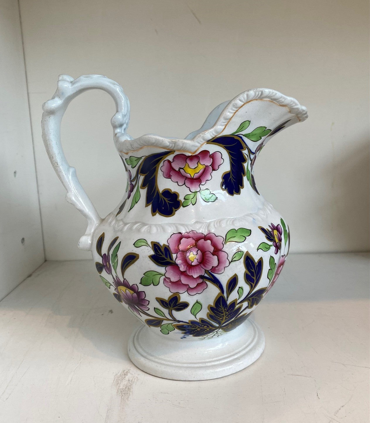 A Stoneware Pitcher Jug Handpainted with Flowers and Gilded Accents by John & William Ridgway