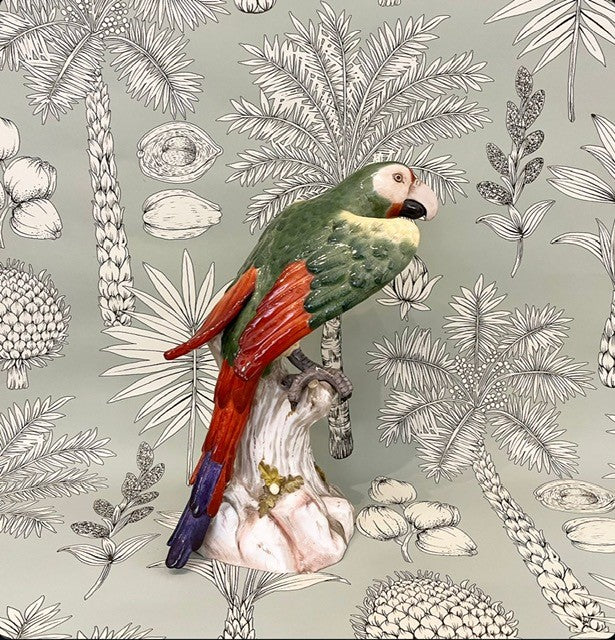 A Large Late 19th Century Dresden Hand-Painted Parrot Figurine Perched on a Tree Stump