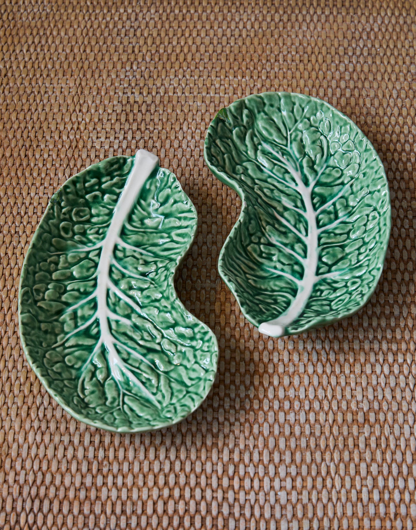 A Pair of Vintage Portuguese Green Majolica Bordallo Pinheiro Cabbage Leaf Dishes