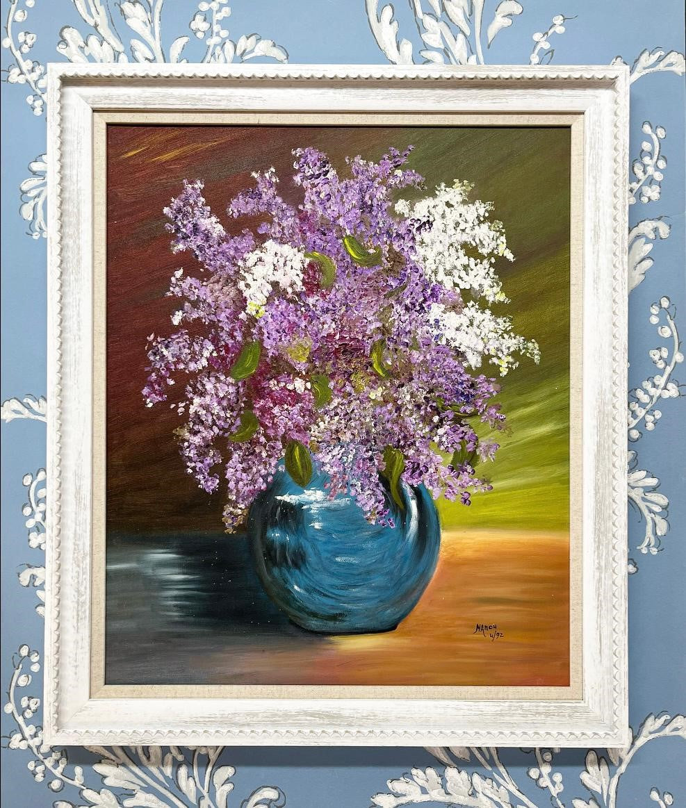 A 20th Century Floral Still Life of Purple and White Lilacs in a Blue Vase