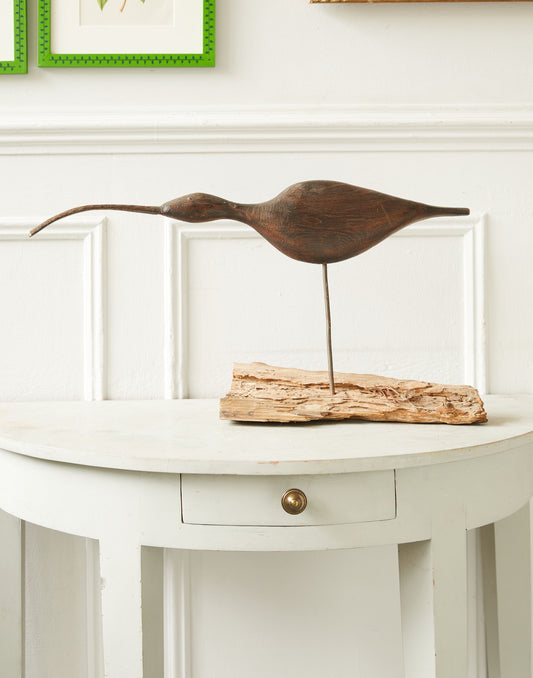 A Vintage Carved Wooden Long-Billed Curlew on a Drift Wood Base