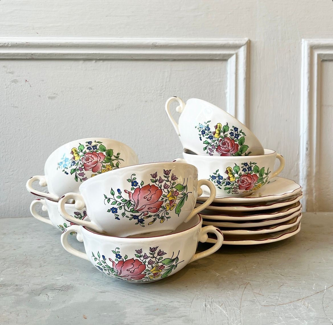 A Set of Six Antique French Luneville Old Strasbourg Soup Bowls