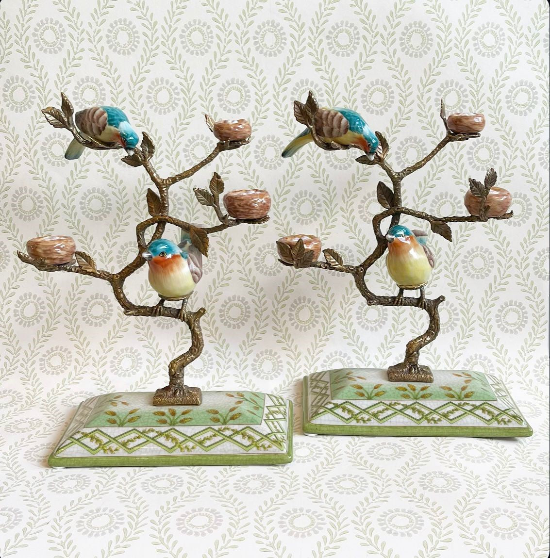 A Pair of Vintage Porcelain and Gilt Metal Groups of Two Birds on Branches with Birds Nests on a Decorative Base