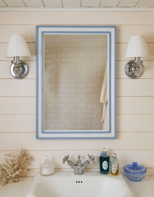 A Double Scallop Mirror Handpainted in Farrow & Ball Lulworth Blue and Wevet