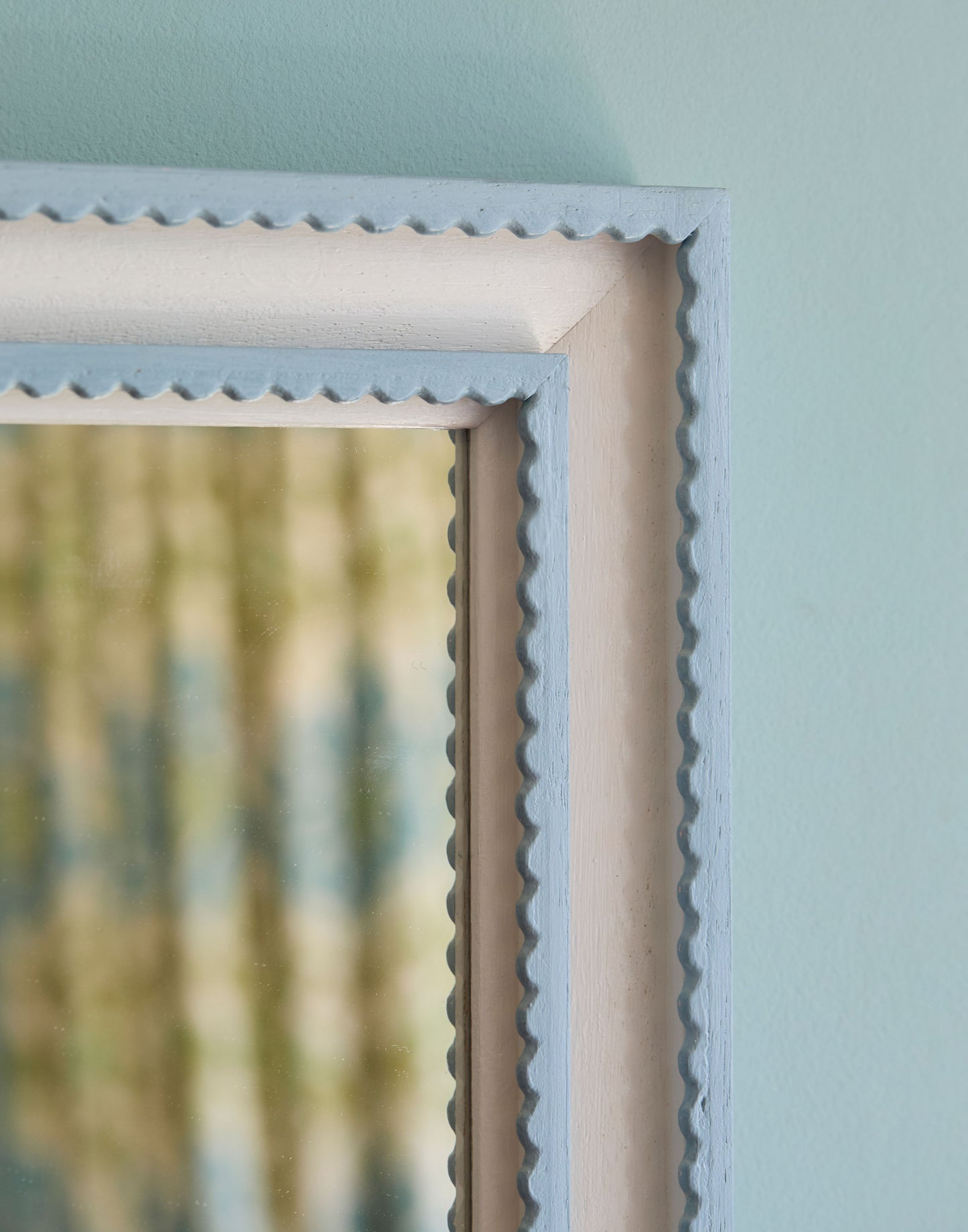 A Double Scallop Mirror Handpainted in Farrow & Ball Lulworth Blue and Wevet