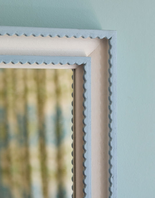 A Double Scallop Mirror Handpainted in Farrow & Ball Lulworth Blue and Wevet