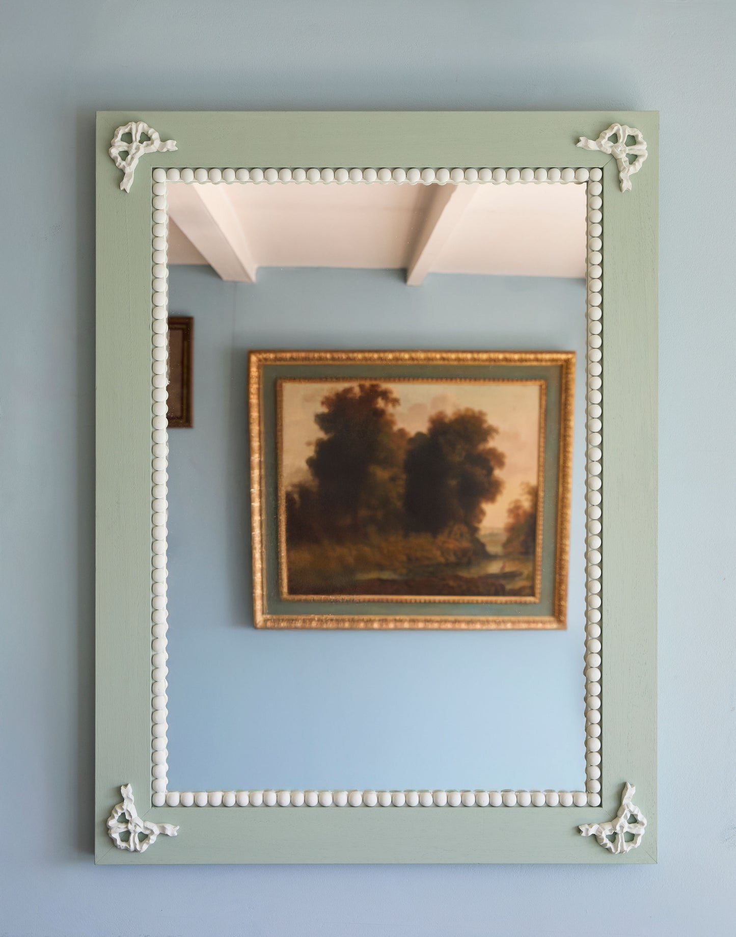 A Mirror with Bow and Bobble Decoration Handpainted in Little Greene Aquamarine Deep