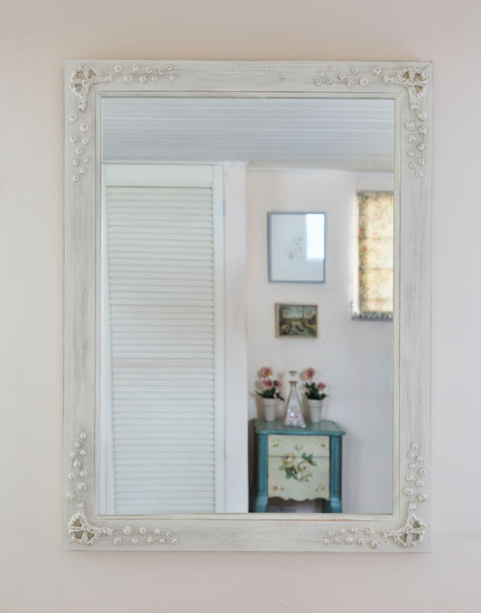 A Mirror with Bow and Bobble Decoration Handpainted in Farrow & Ball White Tie and Distressed Finish