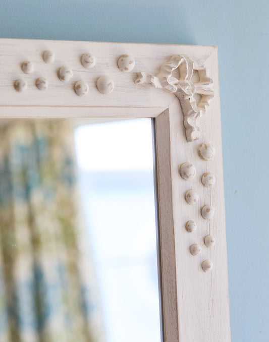 A Mirror with Bow and Bobble Decoration Handpainted in Farrow & Ball White Tie and Distressed Finish