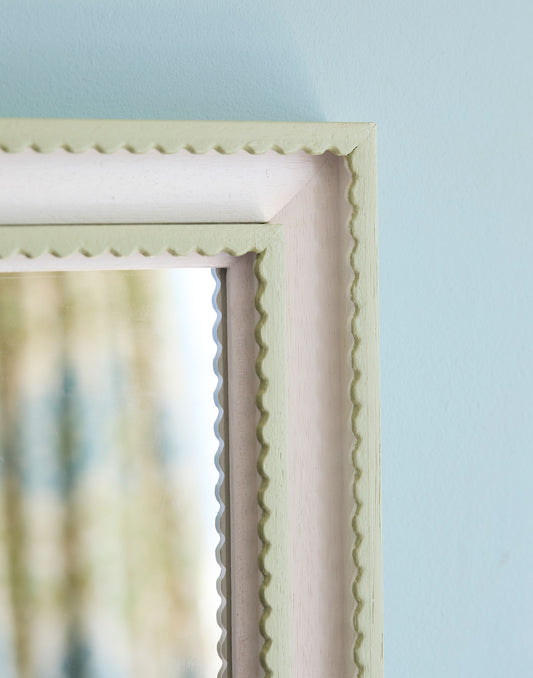 A Double Scallop Mirror Handpainted in Edward Bulmer Tea Green and Farrow & Ball Wevet