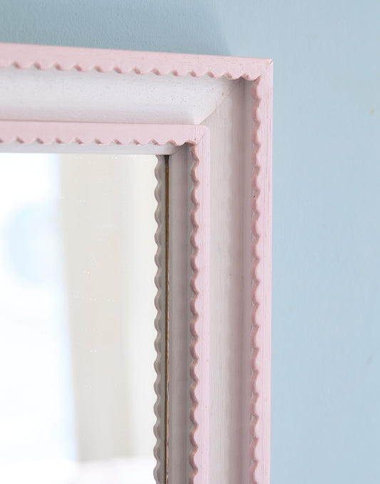 A Double Scallop Mirror Handpainted in Little Greene Confetti and Farrow & Ball Wevet