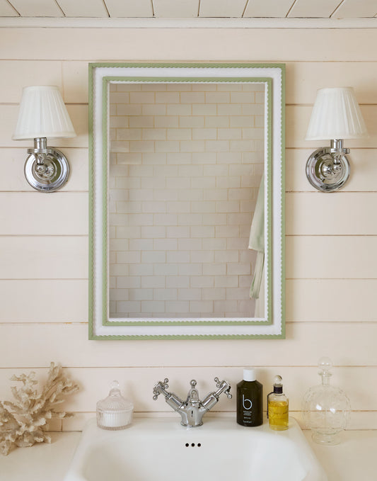 A Double Scallop Mirror Handpainted in Edward Bulmer Tea Green and Farrow & Ball Wevet