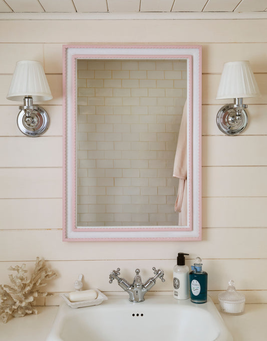 A Double Scallop Mirror Handpainted in Little Greene Confetti and Farrow & Ball Wevet