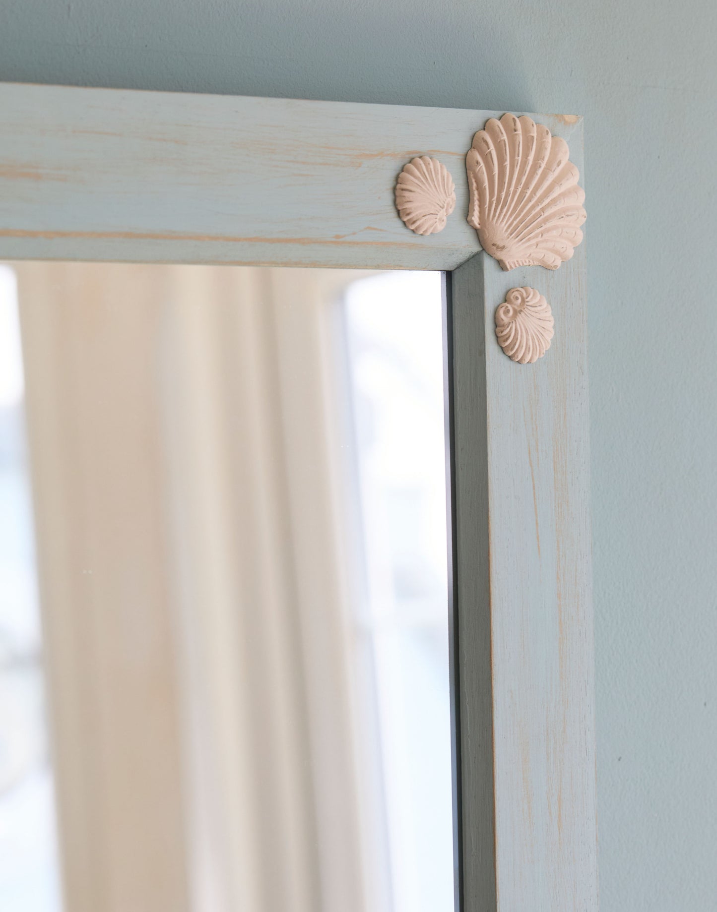 A Mirror with Shell Decoration Handpainted in Little Greene Brighton with a Distressed Finish