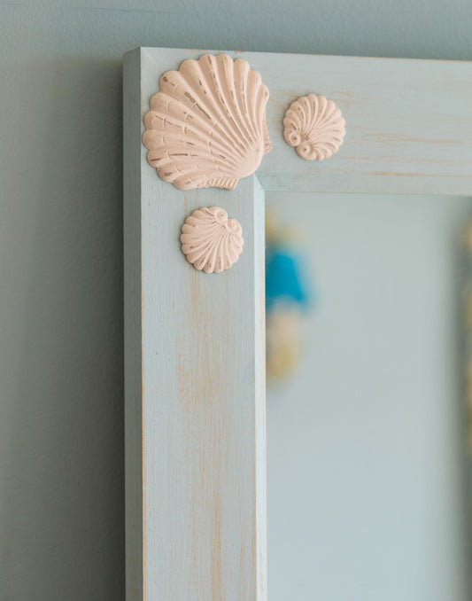 A Mirror with Shell Decoration Handpainted in Little Greene Brighton with a Distressed Finish