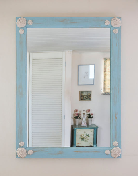 A Mirror with Shell Decoration Handpainted in Little Greene Brighton with a Distressed Finish