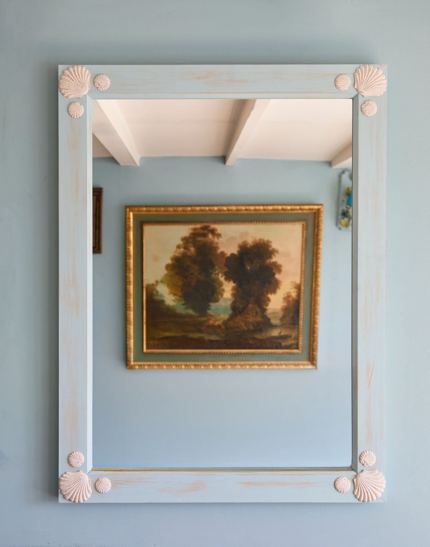 A Mirror with Shell Decoration Handpainted in Little Greene Brighton with a Distressed Finish