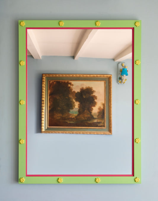 A Mirror Decorated with Small Flowers and Handpainted in Little Greene Phthalo