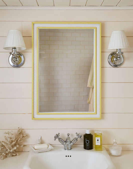 A Double Scallop Mirror Handpainted in Farrow & Ball Dayroom Yellow and Wevet