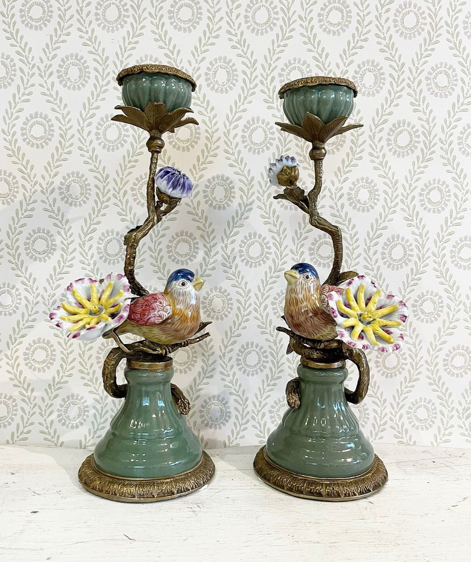 A Pair of Vintage Ormolu and Porcelain Candlesticks with Birds and Flowers