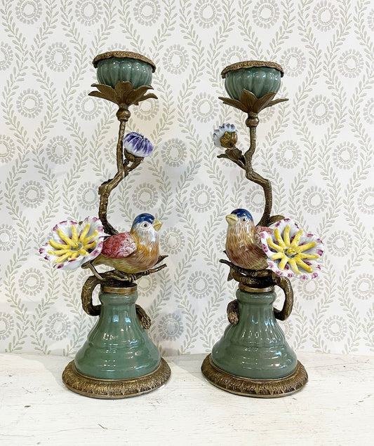 A Pair of Vintage Ormolu and Porcelain Candlesticks with Birds and Flowers