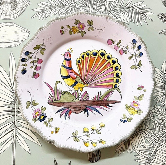 A Rare Hand-painted 18th Century Earthenware Plate Decorated with a Peacock and Flowers from the Varages Pottery Factory