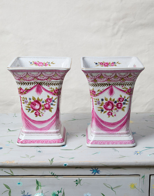 A Pair of Large Vintage Ceramic Jardinieres Decorated with Garlands and Pink Roses