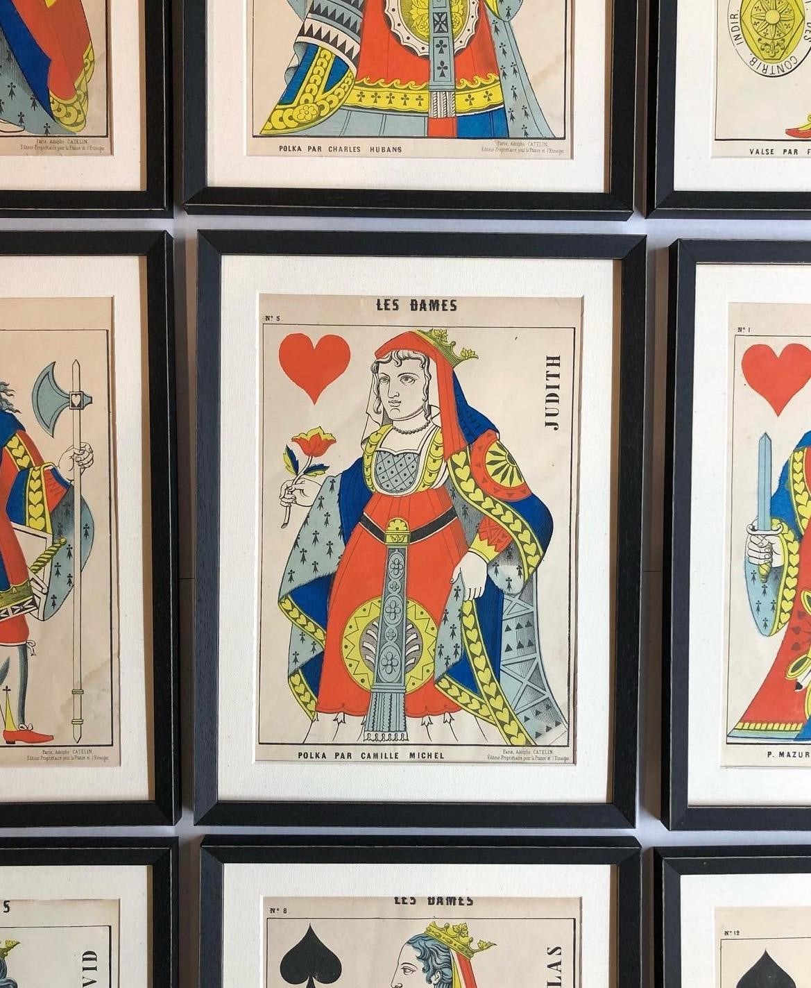 A Rare Set of Twelve Hand-Coloured Antique French Playing Cards