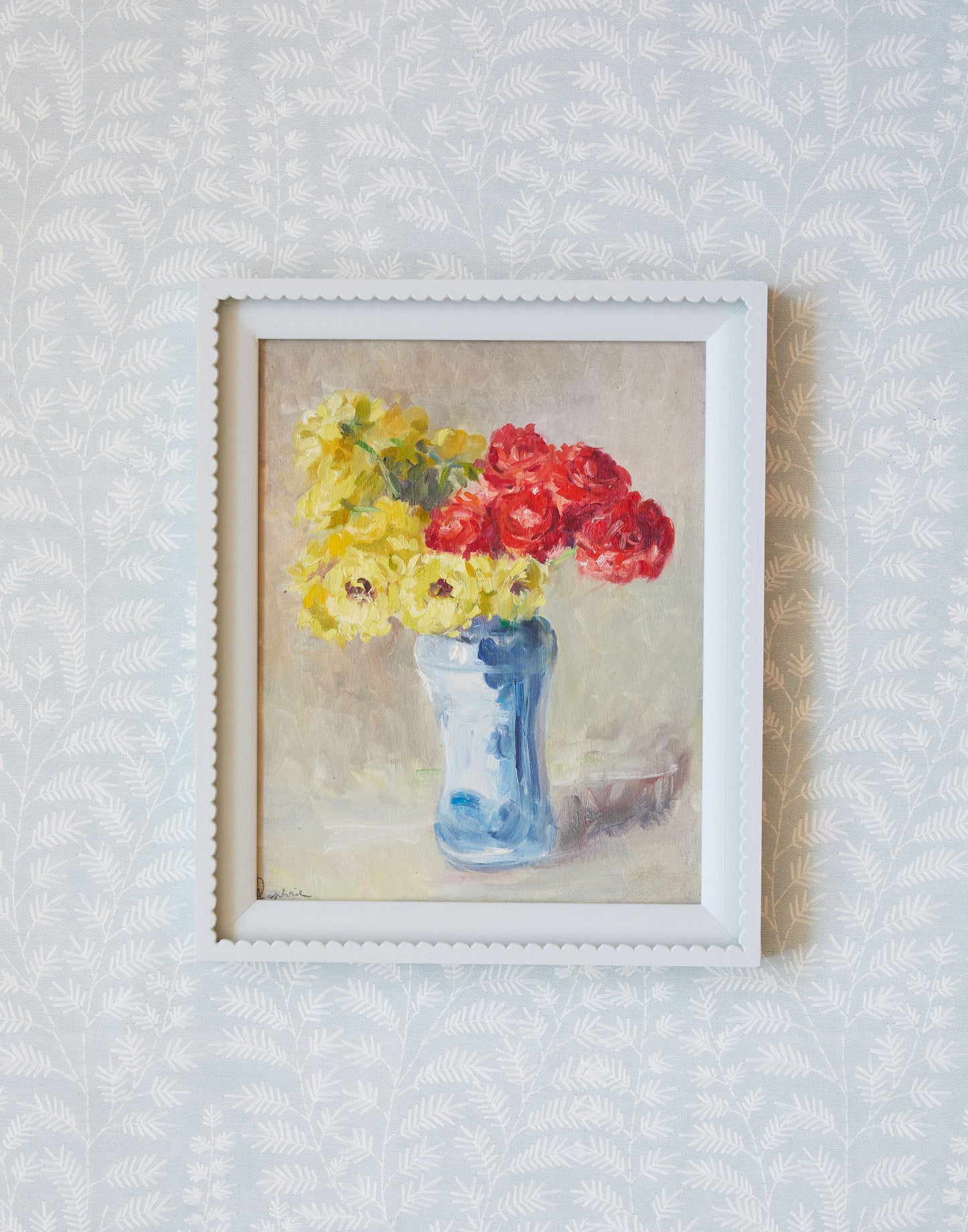 A 20th Century Oil Painting of Flowers in a Blue Vase