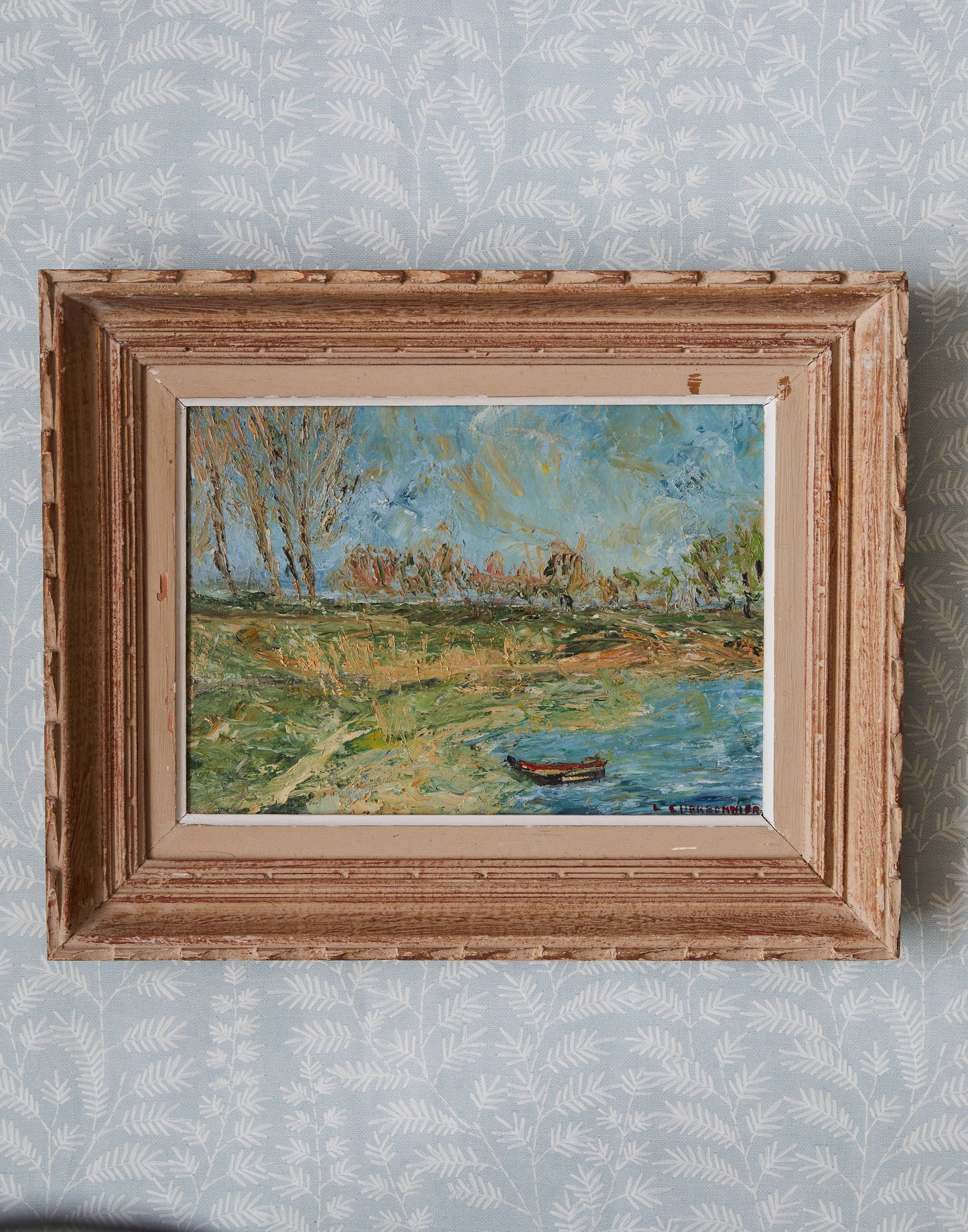 A French 20th Century Oil Painting of a River Landscape in an Antique French Frame