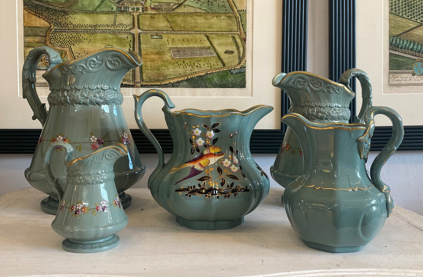 A Collection of Five Sage Stoneware Pitcher Jugs Handpainted with Flowers or Birds and Gilded Accents by William Ridgway & Co circa 1830s