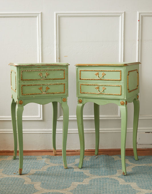 A Pair of Mid-20th Century French Green Painted Bedside Tables