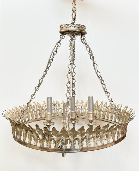 A 20th Century Silvered Metal Four Candle Branch Ceiling Light with Acanthus Leaves