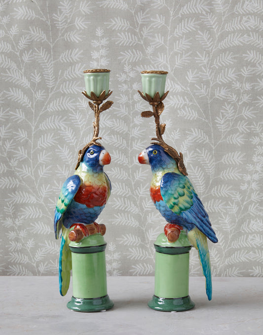A Pair of Vintage Porcelain and Gilt Metal Parrot Candlesticks