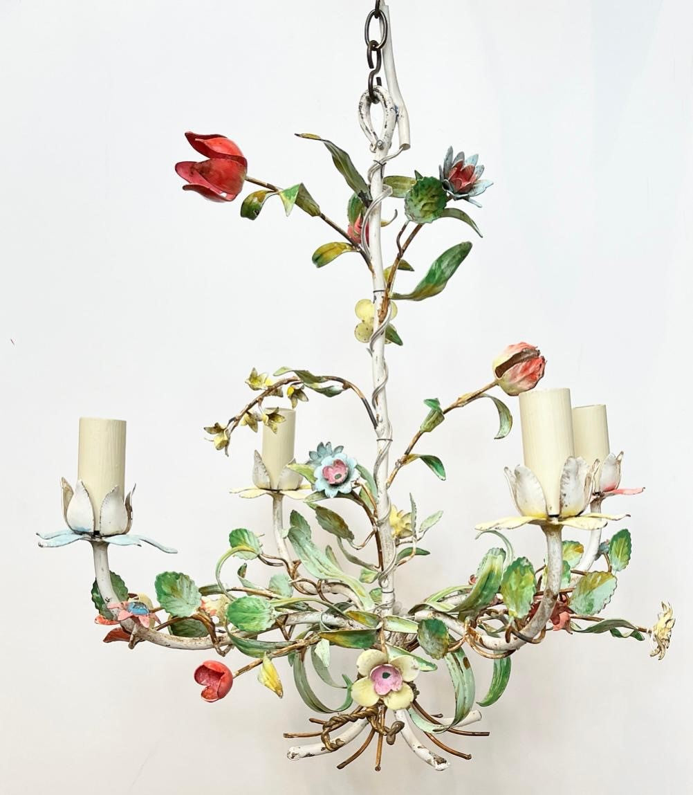 A Vintage Toleware Chandelier Decorated with Flowers and Four Candle Branches
