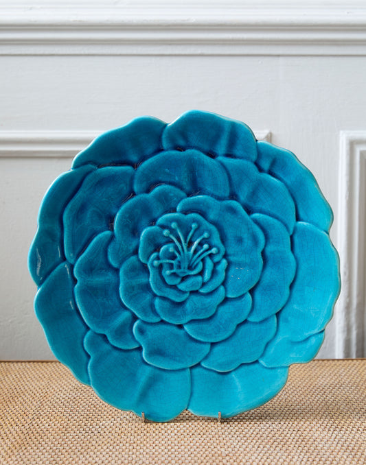 A French Charolles Faience Art Nouveau Plate with Moulded Peony Flowerhead Decoration and Turquoise Glaze
