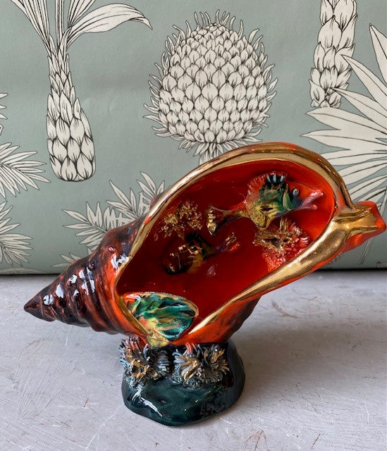 A 1960s Vallauris Small Red Glazed Shell Lamp Base with Underwater Scene.